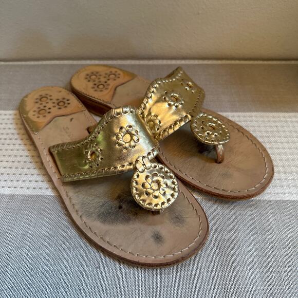 Jack Rogers Whipstitch Thong Sandals Gold Leather Slip-On Open Toe Size 7 - Picture 1 of 6